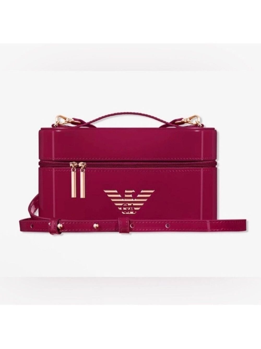 Emporio Armani Beauty Glossy Magenta Vanity Case Crossbody Bag Gold Hardware New